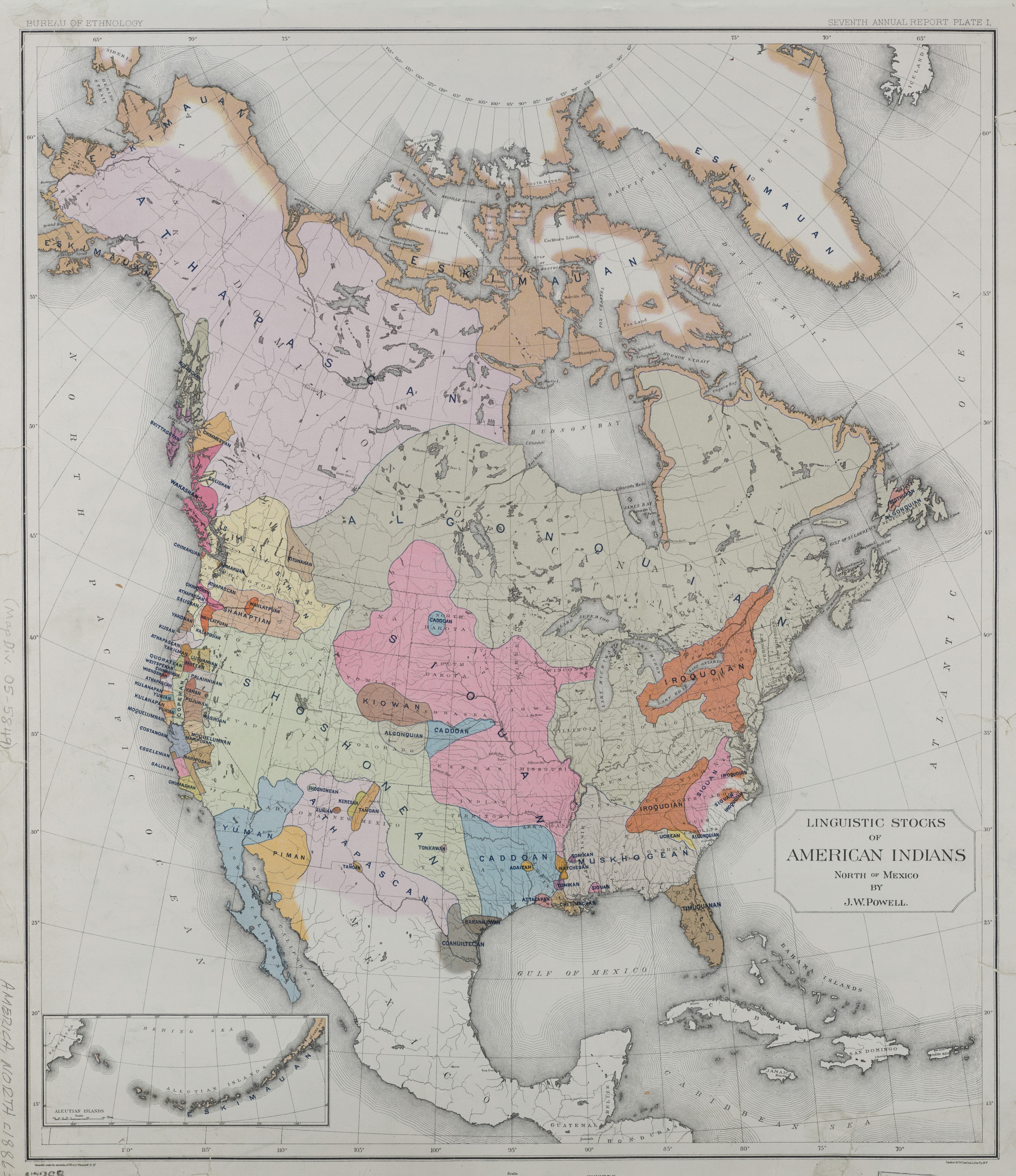 An early map of the continental United States with several bright colors depicting indigenous linguistic regions of the late 1800s. The map reads 